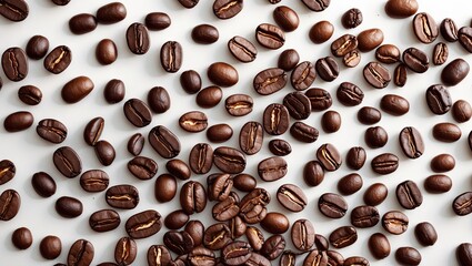 Obraz premium Brown coffee beans scattered across a white background with varying shades of dark and light brown creating a textured pattern of roasted beans.