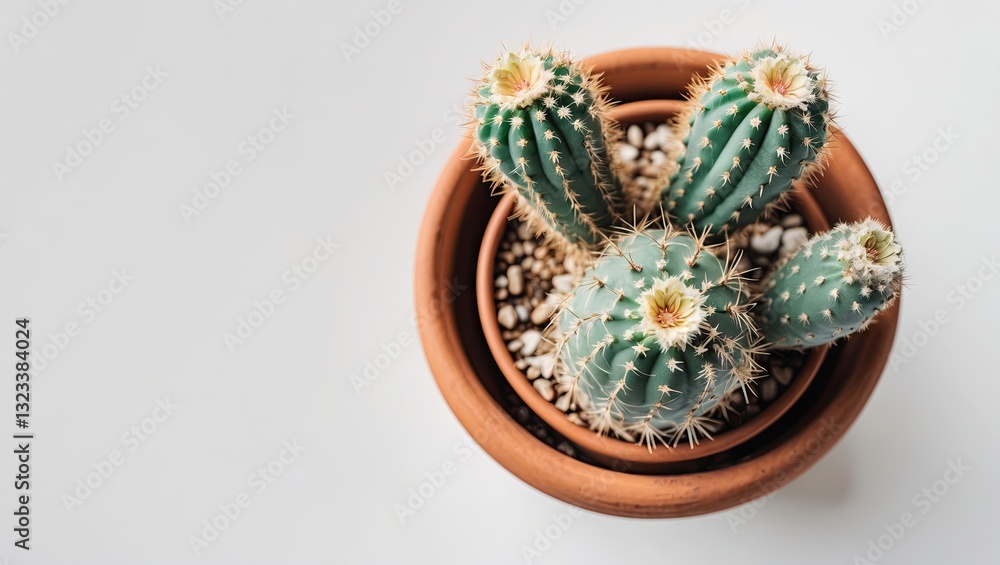 Aufkleber top view of a green cactus with spines in a terracotta pot filled with pebbles on a light grey backg