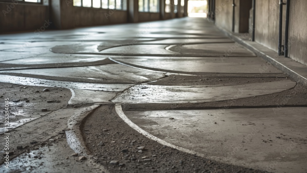 Aufkleber Cement walkway featuring intricate designs on a rough surface with soft shadows and natural lighting enhancing the textures inside a building