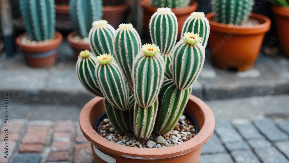 Poster vibrant green striped cactus cluster in a terracotta pot positioned centrally on a cobblestone backg