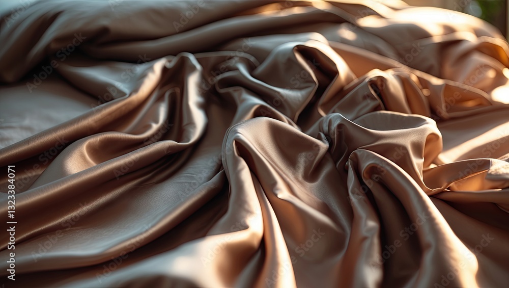 Poster luxurious wrinkled brown satin bed sheets elegantly draped with soft, rich hues creating a warm and 
