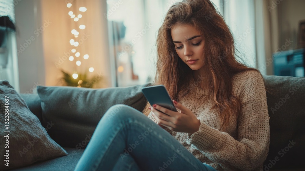 Poster a person relaxing on a sofa with their mobile device