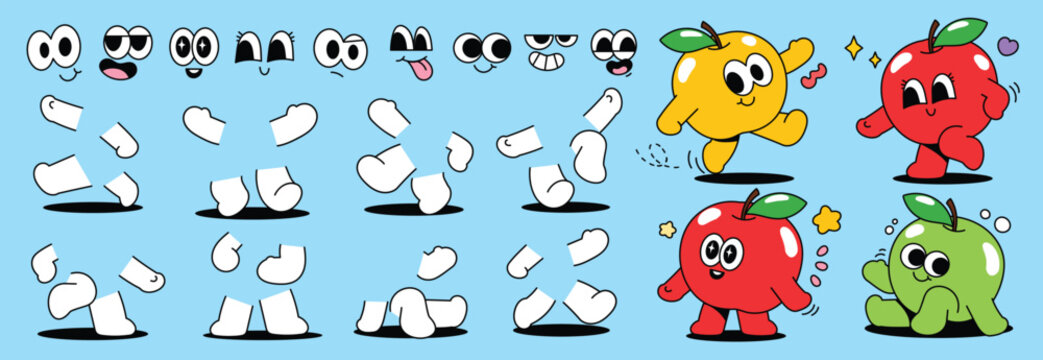 Set of comic element vector. Collection of cartoon character faces in different emotions, hand, leg, apple. Cute retro groovy hippie illustration for decorative, sticker.