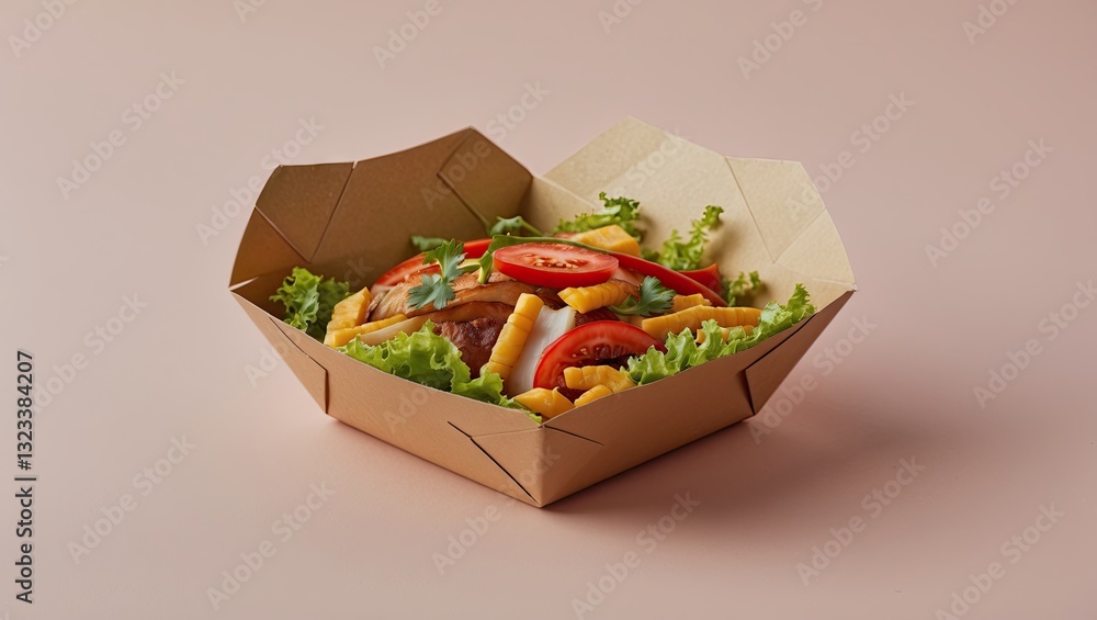 Poster Brown paper food tray filled with colorful salad and fries on a soft pastel pink background with lettuce positioned in front and toppings on top.