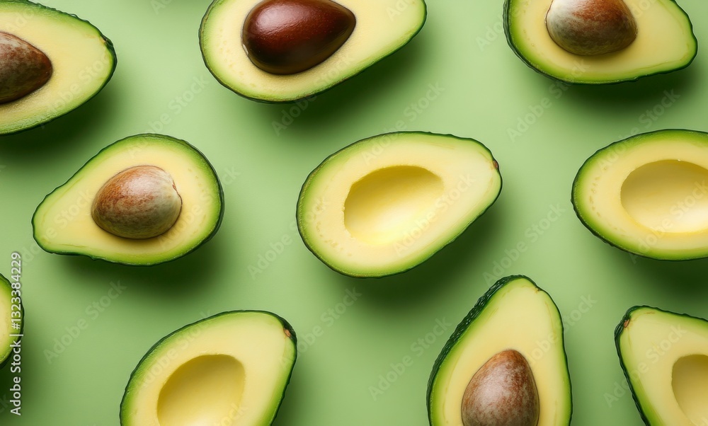 Poster a pattern of avocado slices on a green background, in a flat lay arrangement. --ar 128:77 --style ra