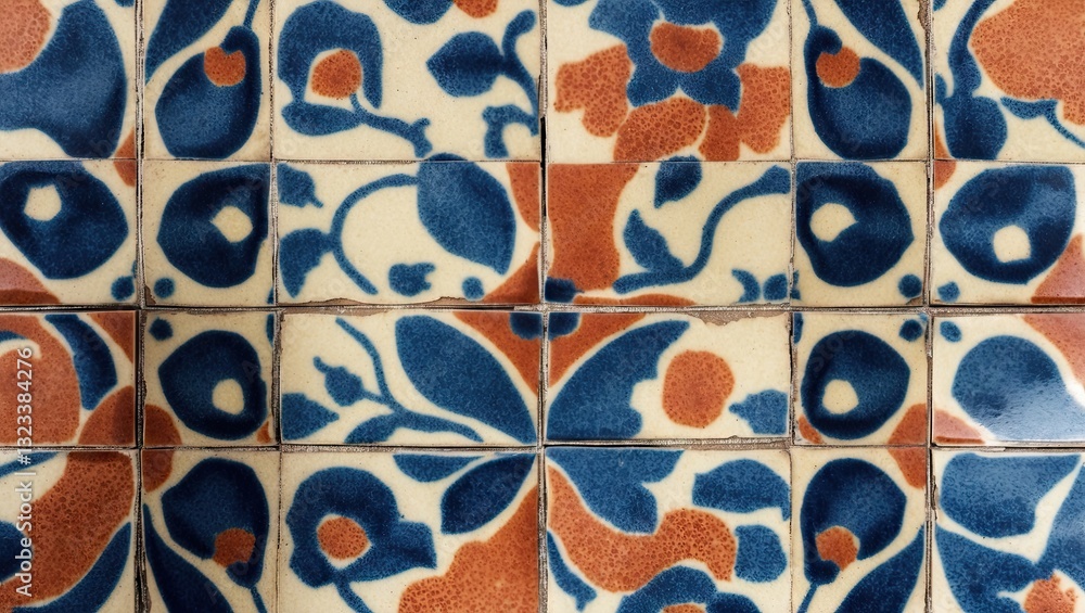 Poster ceramic tile pattern featuring intricate blue and terracotta floral designs on a beige background ar