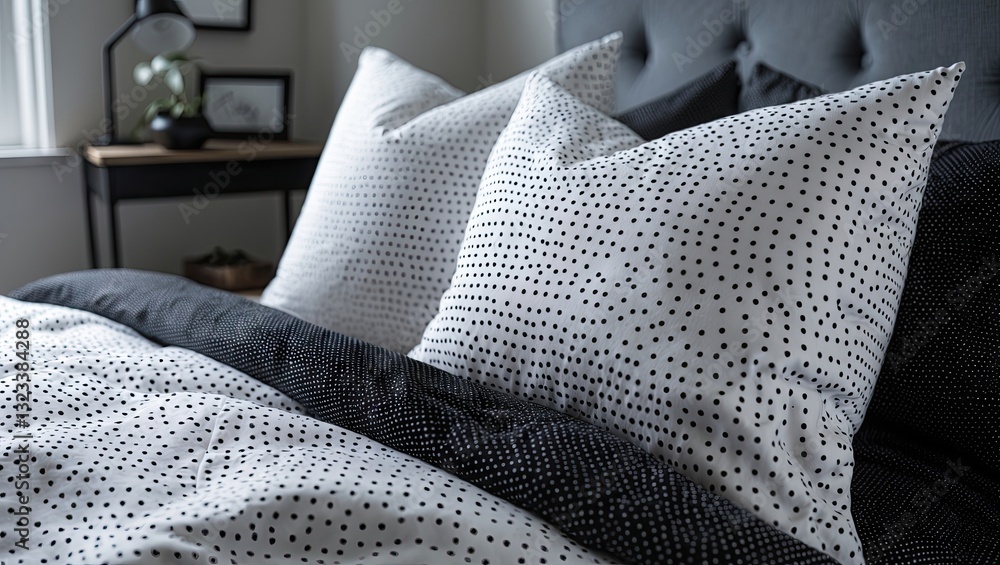 Poster close-up of two white dotted pillows resting on a black duvet with a textured pattern, set against a