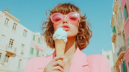 Close-up of beautiful model licking ice cream cone, modern minimalist futuristic style, high-detail portrait