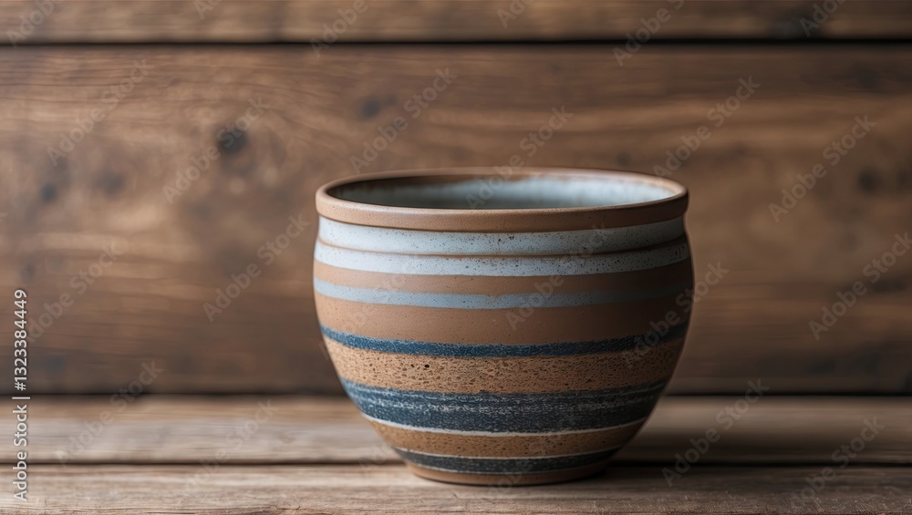 Poster Ceramic bowl with textured patterns in earthy tones placed centrally on a rustic wooden background showcasing rich wood grain details.