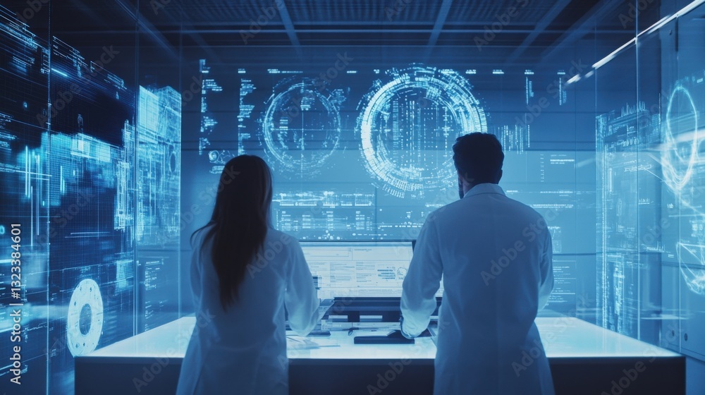 Poster two industrial engineers working with a futuristic interface and computer in a high tech monitoring 
