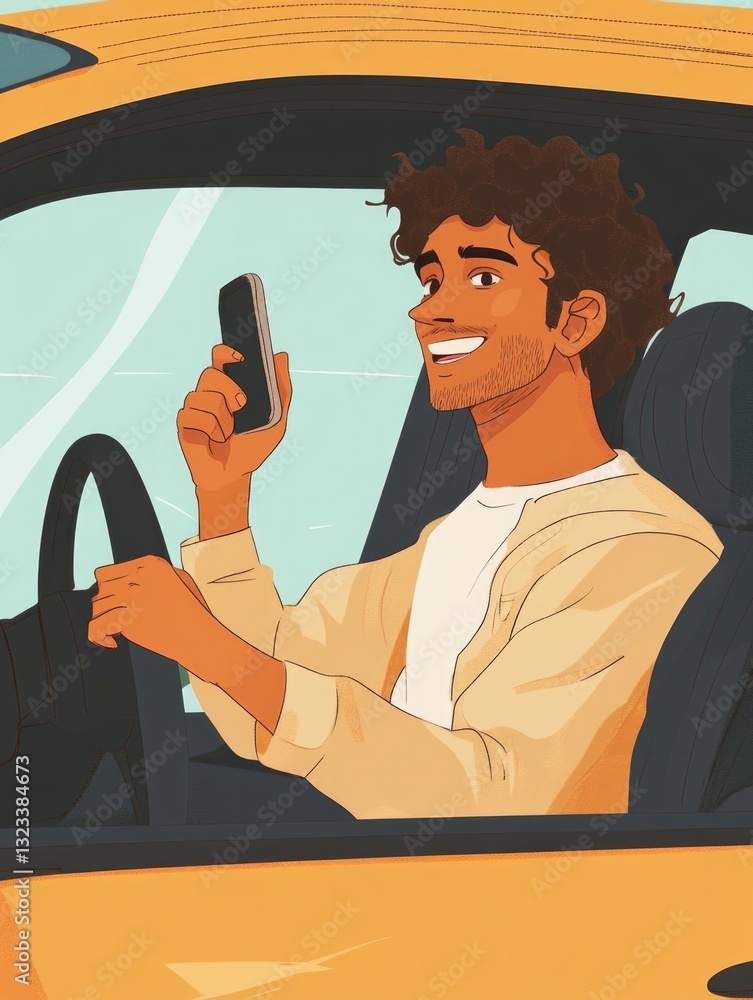Poster a person sitting in a car holding a mobile device, suitable for use in editorial or advertising cont