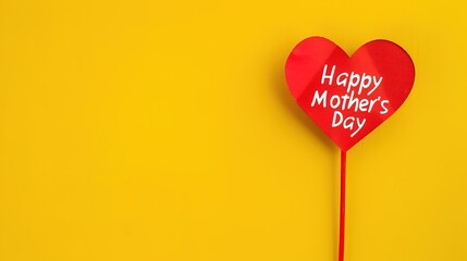 A red heart-shaped paper on a stick with the inscription "Happy Mother's Day" is isolated against a yellow background.