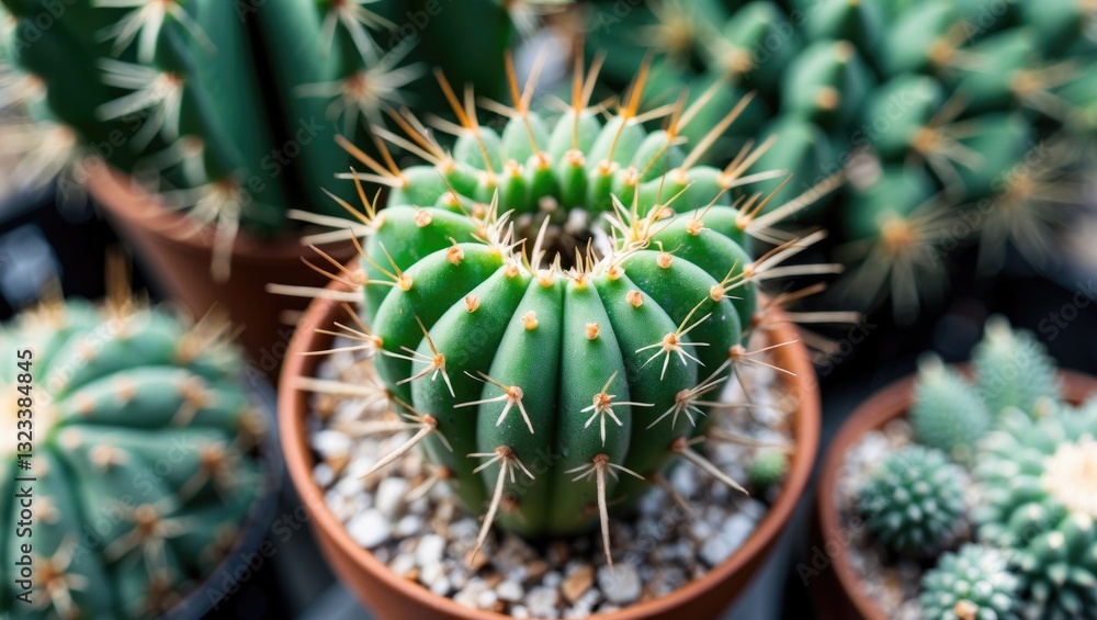 Poster close-up view of a vibrant green spiky cactus in a terracotta pot surrounded by blurred cacti with s