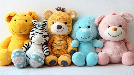 Adorable stuffed animals sitting together in a row