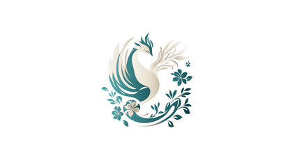 Elegant Teal and Cream Phoenix Bird with Floral Wreath Design