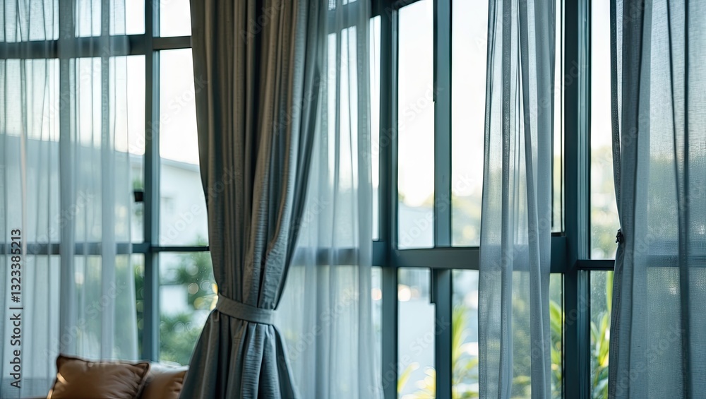 Poster modern indoor window with sheer gray curtains gently flowing, soft light filtering through, creating