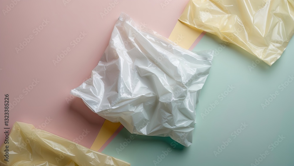 Poster Crumpled white plastic bag centered on a pastel green surface with soft pink and yellow backgrounds creating a serene, minimalistic composition.