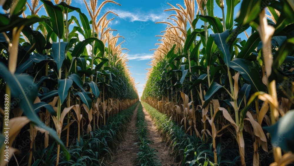 Poster Lush green cornfield flanked by tall corn stalks under a vibrant blue sky with soft clouds bringing focus to the empty center path for text placement.