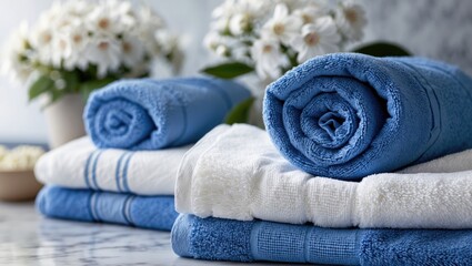Closeup shot of neatly rolled blue and white cotton towels stacked on a marble surface with white flowers in background showcasing serenity and cleanliness.