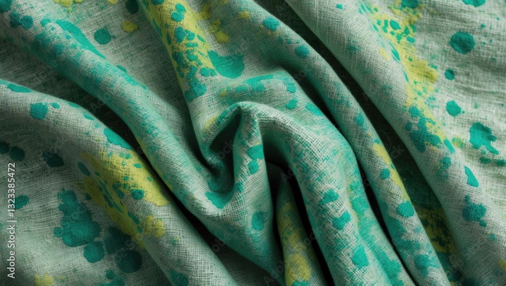 Poster abstract textured fabric in shades of teal and green with yellow accents, draped elegantly to show d