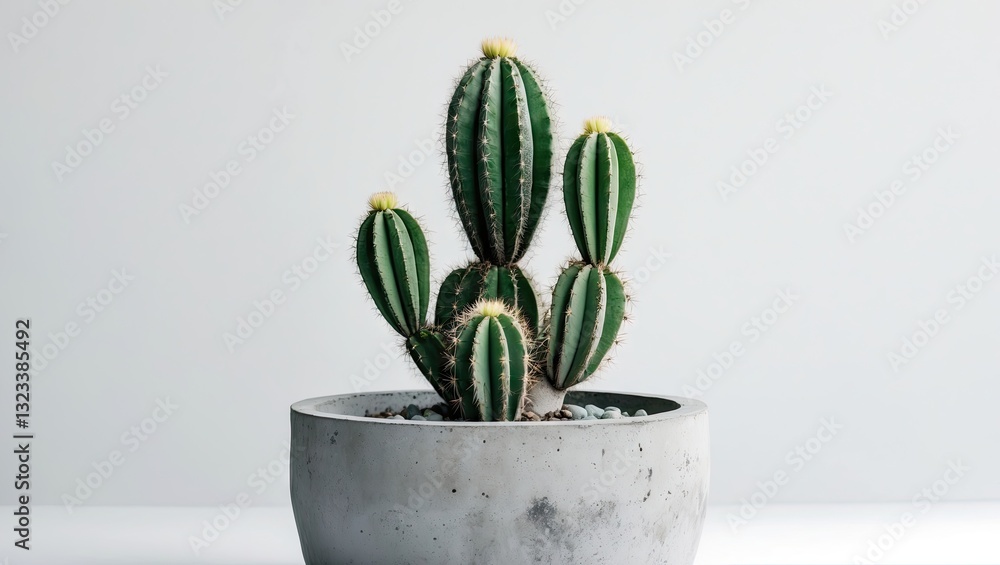 Poster green striped cactus with yellow tips in a textured gray concrete pot, centered against a soft white