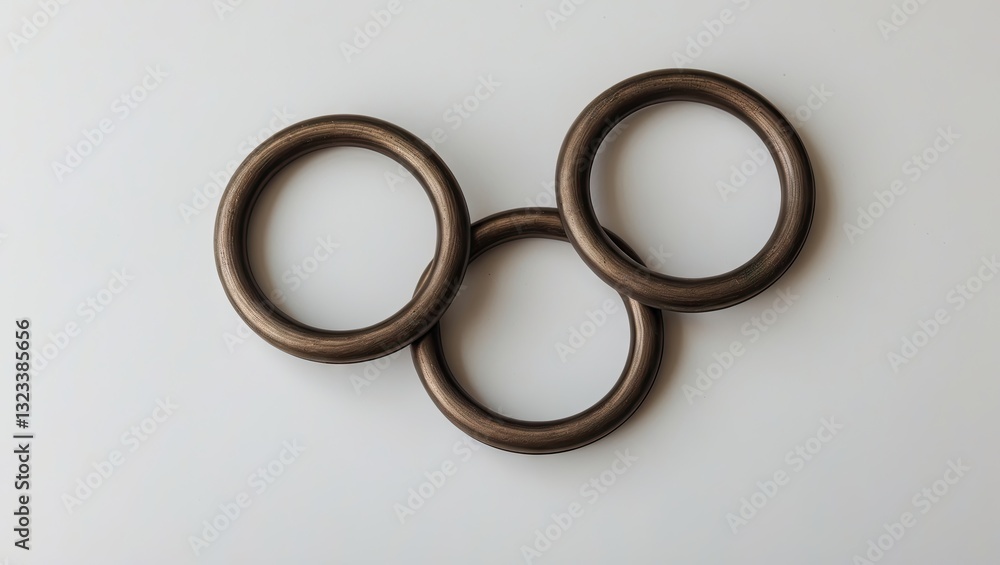 Leinwandbilder metal curtain rings arranged in a triangular layout on a clean white background, featuring a bronze 