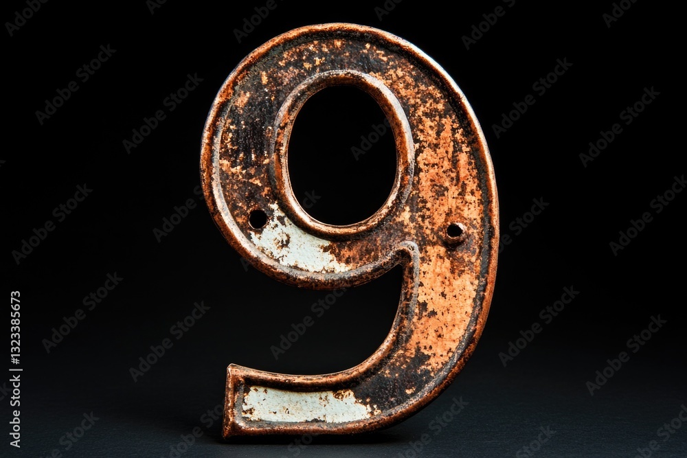 Poster A close-up of a weathered metal plate with the numbers 9 and digits, set against a dark background