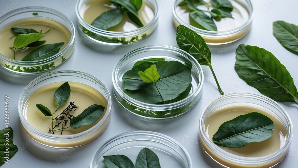 Poster assortment of clear round containers filled with yellow liquid and various green leaves arranged aes