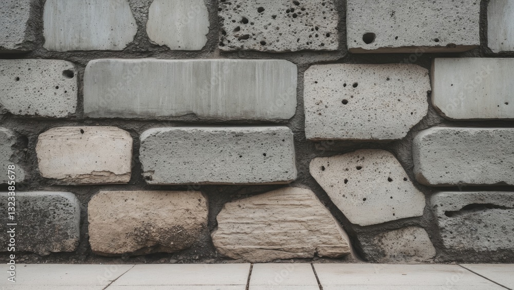 Poster Gray and beige concrete stone wall with varying textures and patterns, positioned horizontally in a rustic setting, ideal for architectural backgrounds.