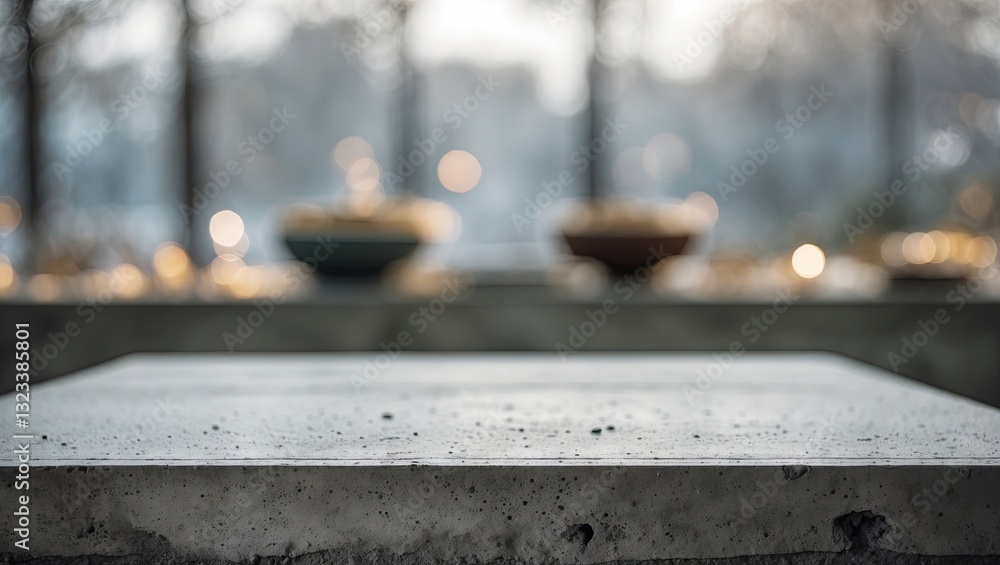 Leinwandbilder cement tabletop in the foreground with a blurred backdrop of softly glowing bowls and trees in the b