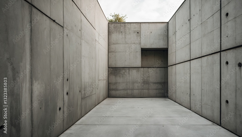 Poster minimalist concrete interior with gray walls and an open space under a cloudy sky, featuring sharp a