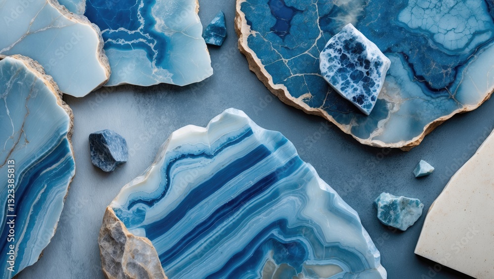 Poster blue and gray agate stones arranged on a textured surface showcasing various shades and patterns emp