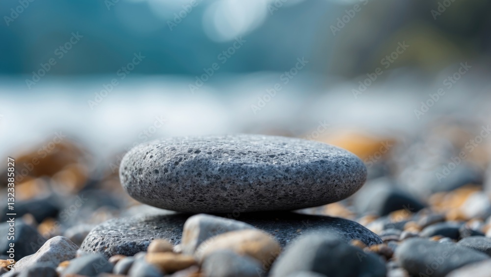 Fototapete close-up view of a smooth grey stone centered on a pebbled surface with a soft blurred background of