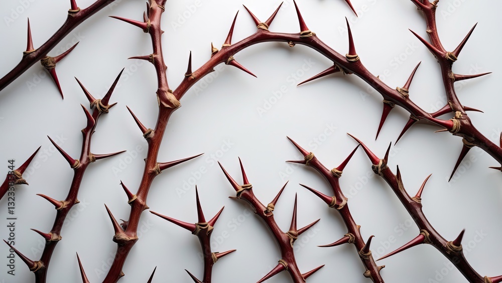 Poster Thorny crown branches arranged in a wavy pattern on a white background with ample copy space for text or design elements.