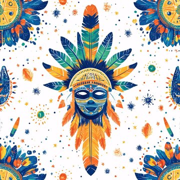 Seamless pattern of red indian tribe motifs cultural art vibrant colors abstract design