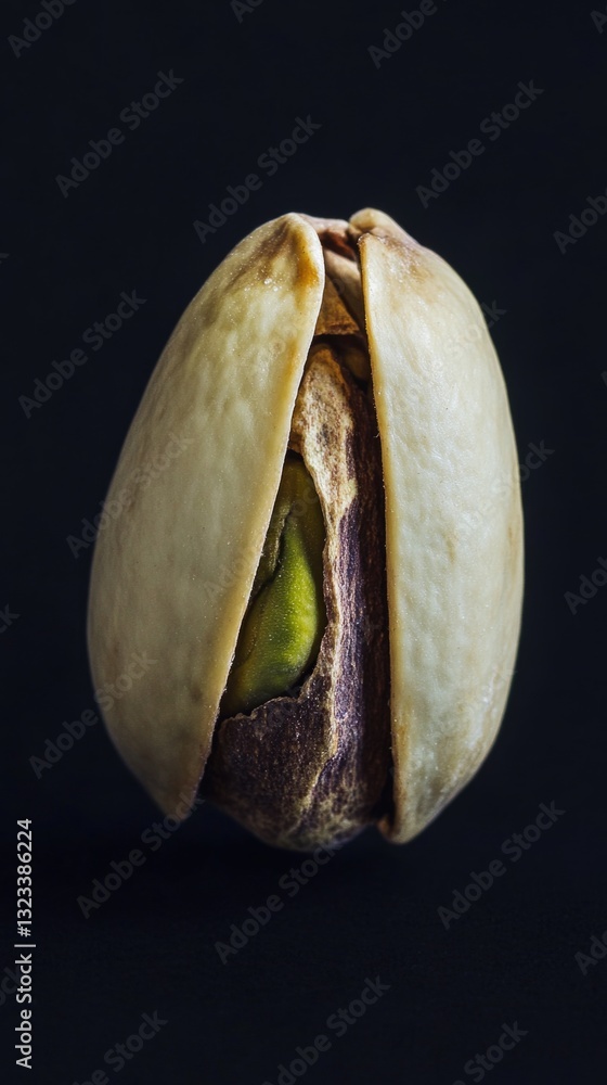 Poster close-up of a pistachio shell with a fresh pistachio inside, on a dark background
