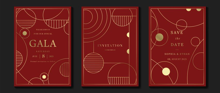 Luxury invitation card background vector. Elegant classic antique design, gold lines gradient on red background. Premium design illustration for gala card, grand opening, art deco. 