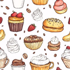 Indulge in sweet delights watercolor desserts and coffee patterns in a cozy  environment