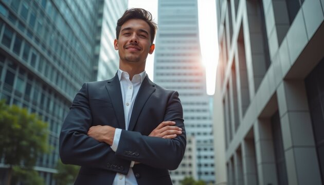 A young Asian man in a sharp black suit stands confidently with arms crossed in a modern cityscape. The sunlight glimmers behind him, highlighting his poised demeanor and the sleek architecture