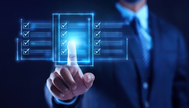 Checklist Concept Businessman selecting digital options on a futuristic interface for decision making.