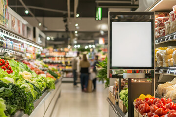 Vertical blank signboard in a busy supermarket aisle surrounded by fresh fruits and vegetables. Ideal for branding, promotions, and retail advertising mockups