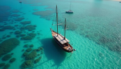 Fototapeta premium A majestic sailing boat rests serenely in the vibrant turquoise waters, surrounded by scattered coral reefs. The tranquil scene captures the essence of adventure and relaxation, inviting viewers to