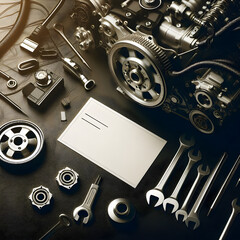 Car engine and tools with blank postcard lying on workbench