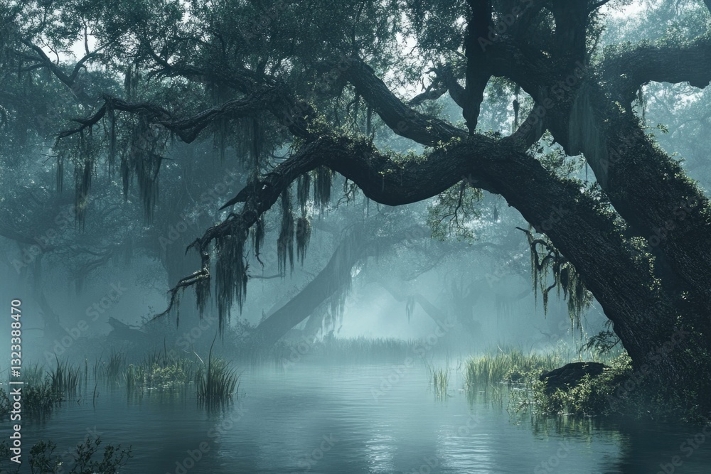 Poster image of a tree standing close to a body of water, suitable for use in environmental or landscape co