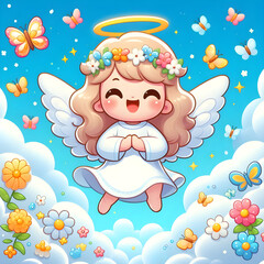 Cute angel flying in the sky surrounded by butterflies and flowers