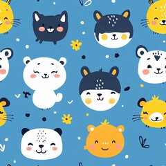 Playful seamless animal pattern design for children blue background illustrative artwork