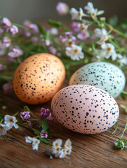 Obraz premium Colorful speckled eggs arranged with flowers and greenery