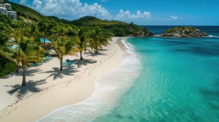 Fototapeta premium Serene Tropical Beach with Azure Waters and Lush Green Hills Under Clear Blue Sky