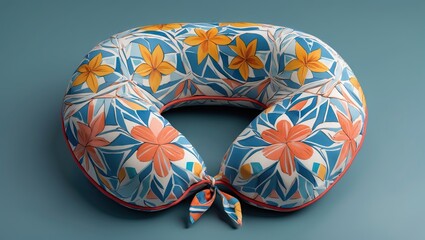 Fototapeta premium Geometric patterned neck pillow with vibrant orange and blue flowers, centrally positioned against a soft teal background in 3D rendering.