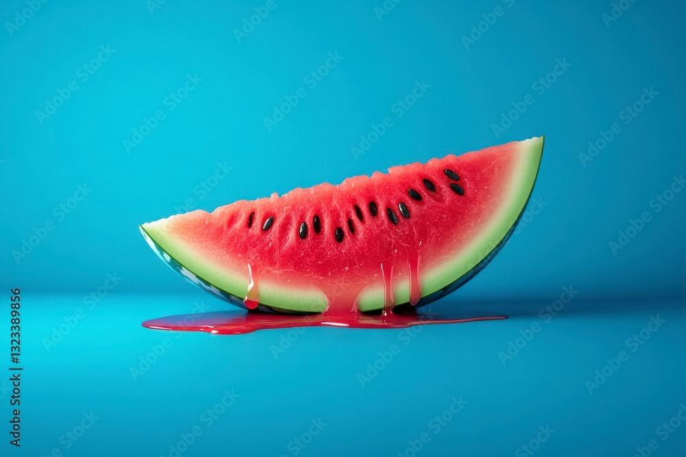 Poster a watermelon slice with red juice dripping from it. the juice is dripping from the watermelon slice,